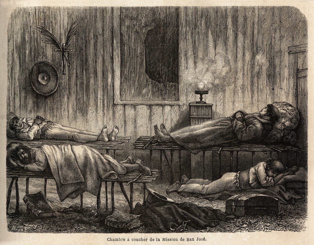 O quarto da missão cristã de São José (Peru), que acolhe o autor durante a sua viagem. Gravura para ilustrar a viagem do Oceano Pacífico à L