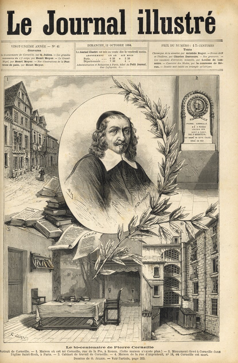 O bicentenário de Pierre Corneille - Le bicentenaire de Pierre Corneille - gravura em "Le journal illustrious" de 1884 de Unknown artist