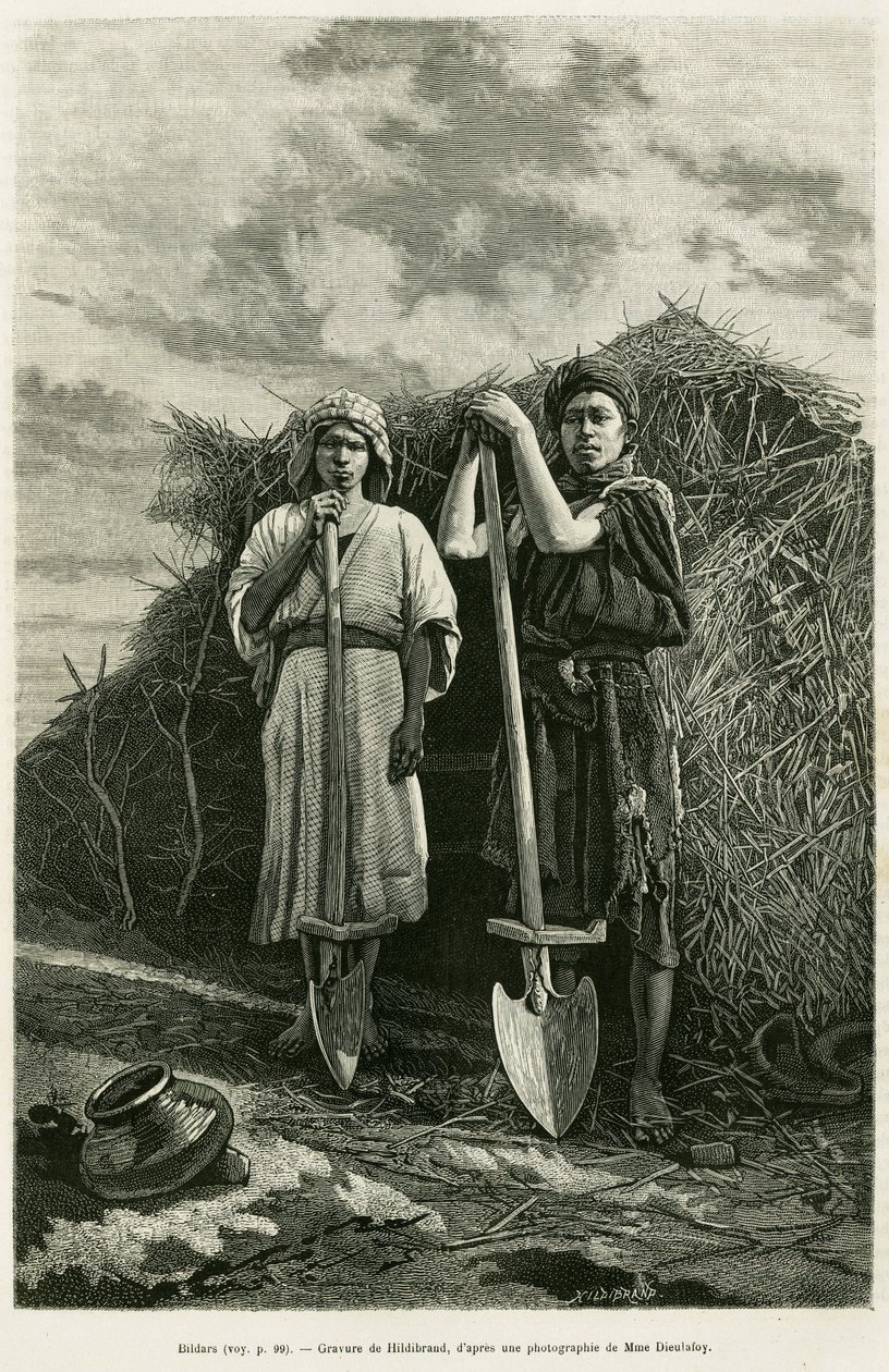 Os bildars, proprietários de uma beche, são encarregados de cavar os esgotos dos campos de trigo da região de Karoun. Gravura para ilustrar a história La Perse, la Chaldee et la Susiane de Jane Delafoy (1851-1916), oficial da academia, in le tour du monde  de Unknown artist