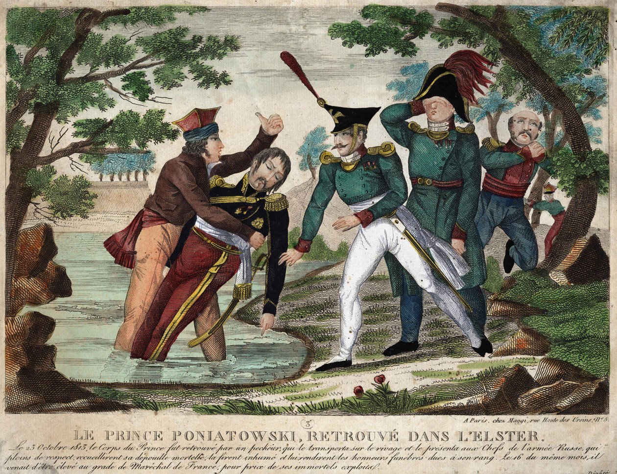 O corpo do Príncipe José (Jozef) Antoni Poniatowski (fez 1763) encontrado no rio Eelster em 23 de outubro de 1813, gravura da época de Unknown artist