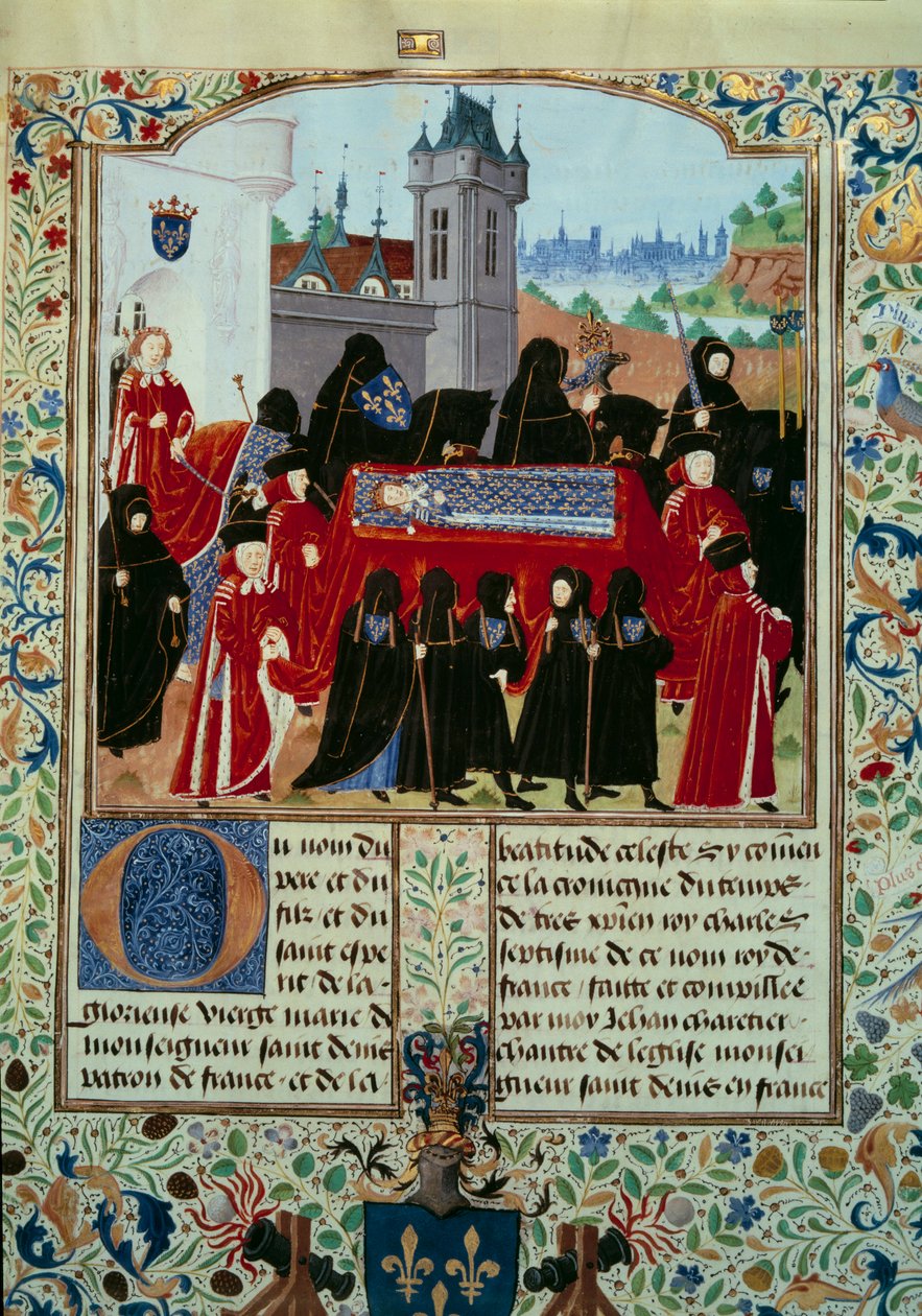 O corpo do falecido Rei Carlos VI (1368-1422) é transportado, atrás da procissão o novo Rei Carlos VII (1403-1461) a 22/10/1422 Miniatura do manuscrito "Crônicas de Carlos VII" (Ms. fr. 2691) de Jean Chartier de Unknown artist