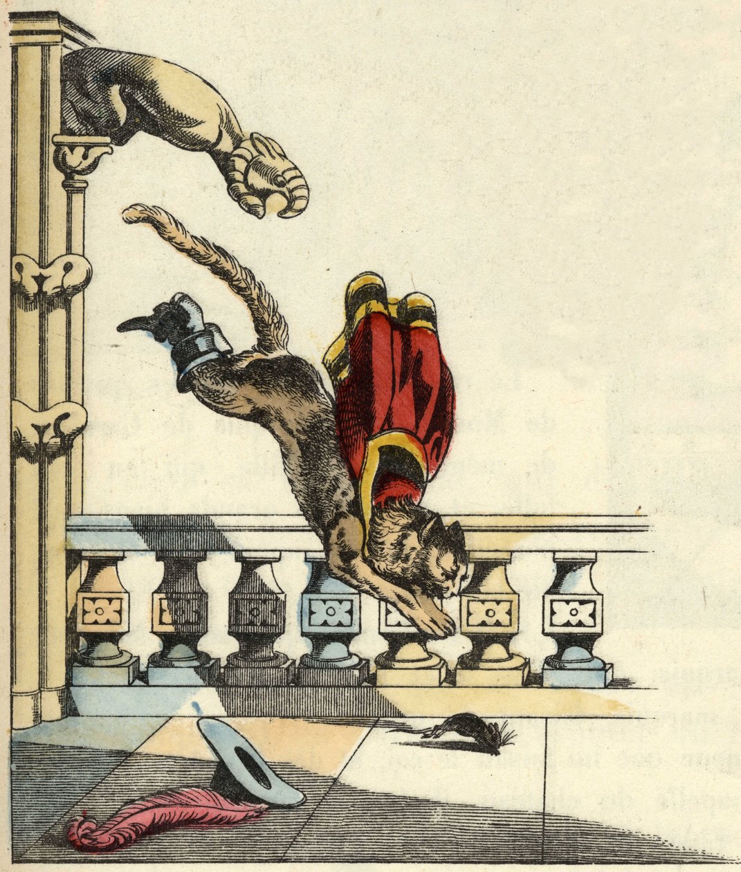 O gato bota tendo pedido ao ogre para se transformar num rato, salta para devorá-lo. Ilustração do conto de Charles Perrault "Le chat botte". de Unknown artist