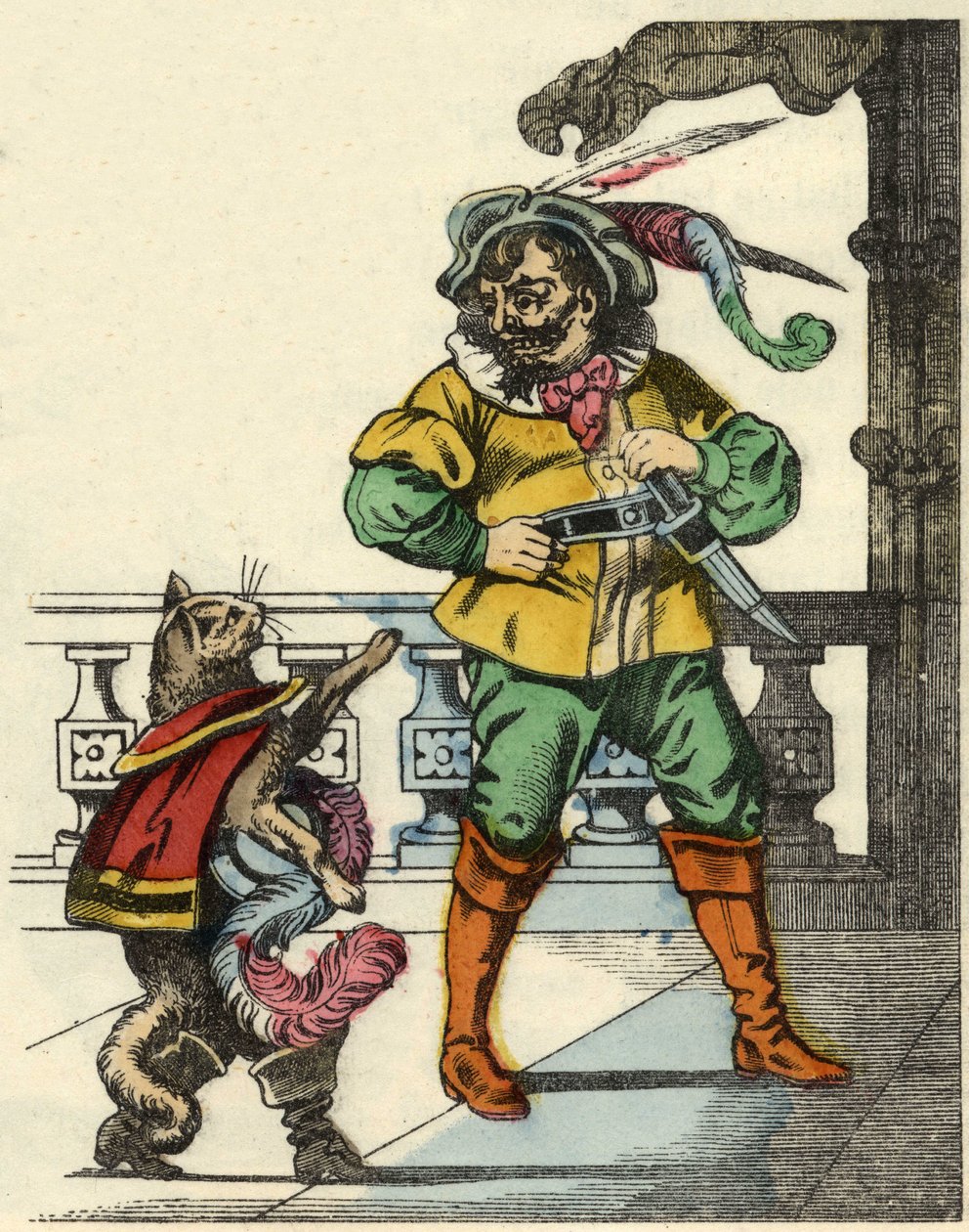O gato das botas encontra o ogre. Ilustração do conto "The cat botte", de Charles Perrault de Unknown artist