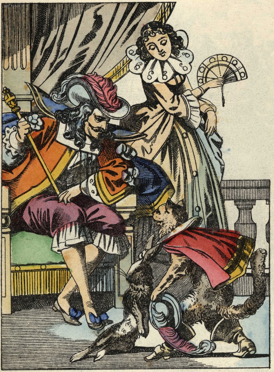 O gato das botas oferece o coelho ao rei pelo seu mestre, o Marqui de Carabas. Ilustração do conto "The cat botte", de Charles Perrault de Unknown artist