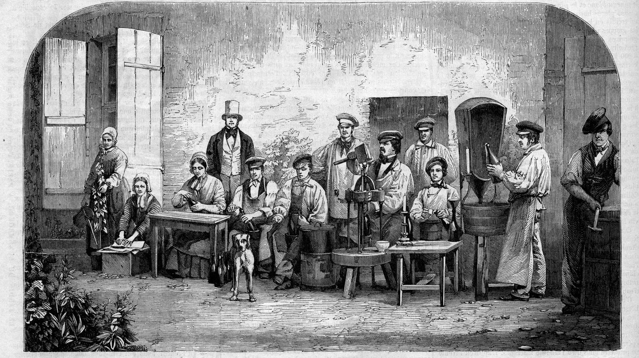 O engarrafamento do vinho Champagne. Gravura a partir de 1864. de Unknown artist