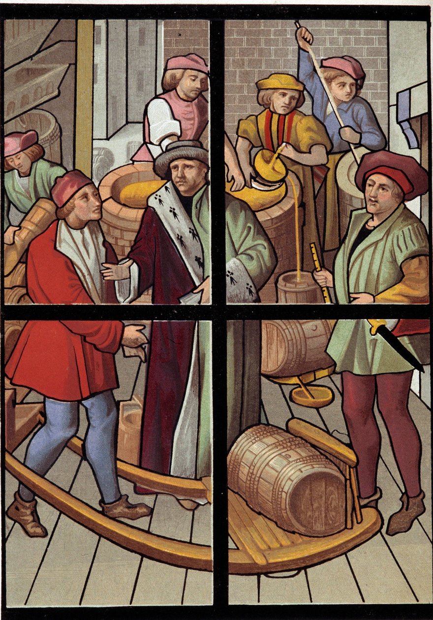 Os cervejeiros. Litografia de um vitral da catedral de Tournai, do século XV. Século XIX. Paris, artes decorativas. de Unknown artist