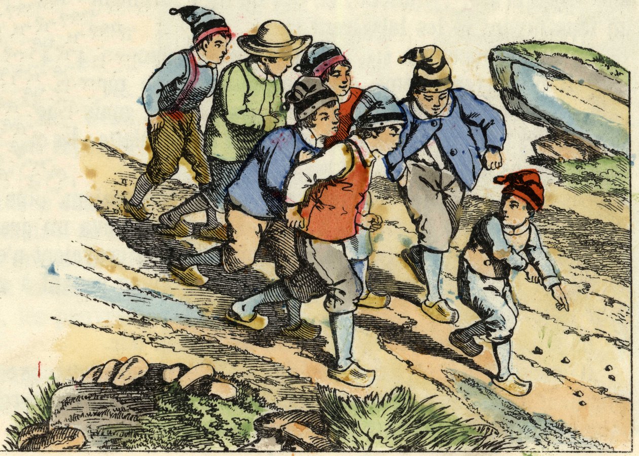 Os irmãos seguem o Little Poulet que semeou seixos brancos no caminho. Ilustração do conto "Le Pepetit Poucet", de Charles Perrault de Unknown artist