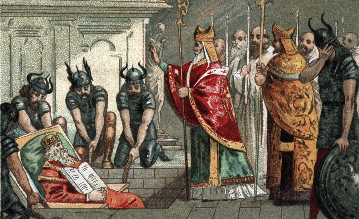 O enterro de Carlos Magno em 814, na catedral de Aachen, na Alemanha. Cromolitografia do final do século XIX. de Unknown artist