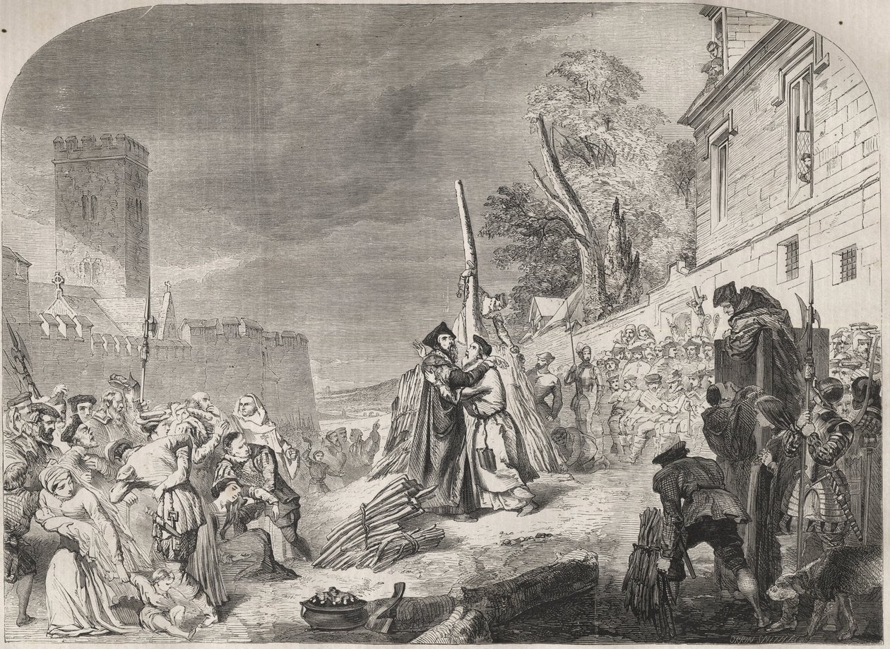 O incêndio dos Bispos Nicholas Ridley e Hugh Latimer na fogueira perto dos portões do Balliol College, Oxford, Inglaterra de Unknown artist