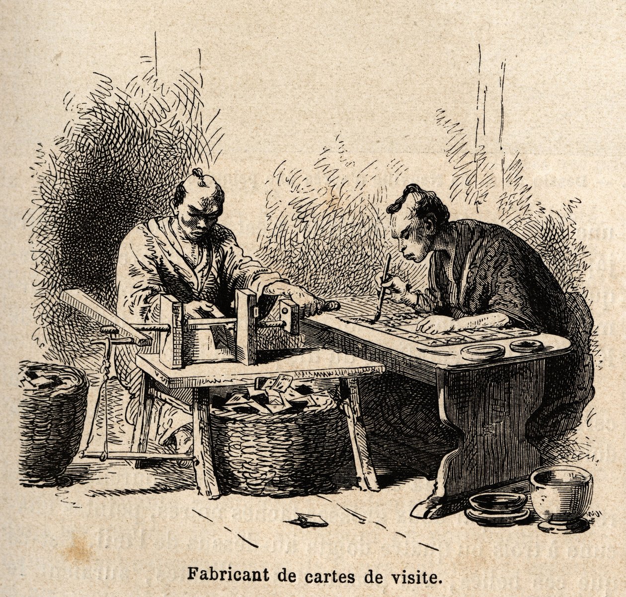O fabricante de cartões de visita. Gravura para ilustrar a viagem ao Japão em 1863-1864, de Aime Humbert, ministro da Confederação Suíça, no "Le tour du monde, nouveau journal des voyages", publicado sob a direção de Edouard Charton de Unknown artist