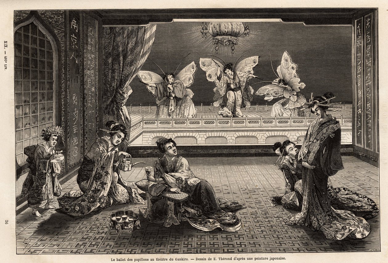 O balé borboleta no Teatro Gankiro, no Distrito do Prazer Miyozaki, em Yokohama. Gravura para ilustrar a viagem ao Japão, de Aime Humbert, ministro da Confederação Suíça, em 1863-1864, publicada em "le tour du monde", sob o de Unknown artist