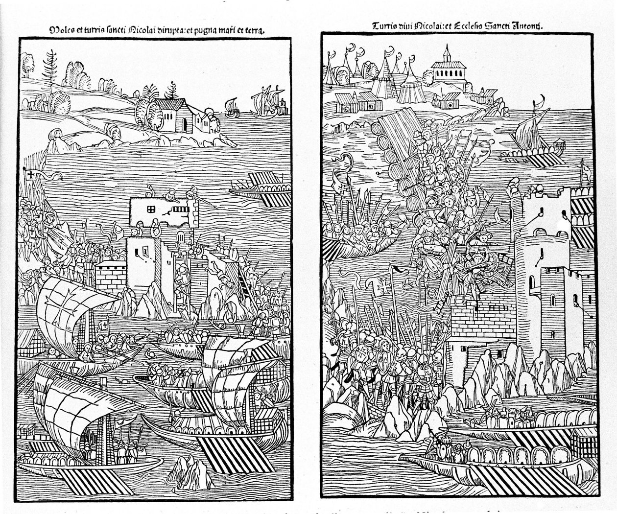 A captura de Rodes pelos turcos em 1522. Os turcos atacam a fortaleza de São Nicolau. Xilogravura. de Unknown artist