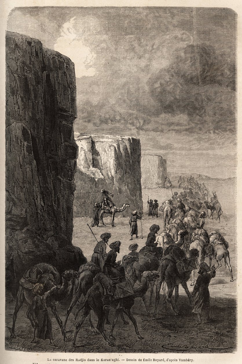 A caravana dos Hajis (pelerinas muçulmanas) em Korantaghi (Pérsia, Irão). Desenho de Emile Bayard (1837-1891), para ilustrar a viagem à Ásia Central, em 1863, de Arminius Vambery (cientista húngaro disfarçado em dervixe). Gravura em "Le tour du mond de Unknown artist