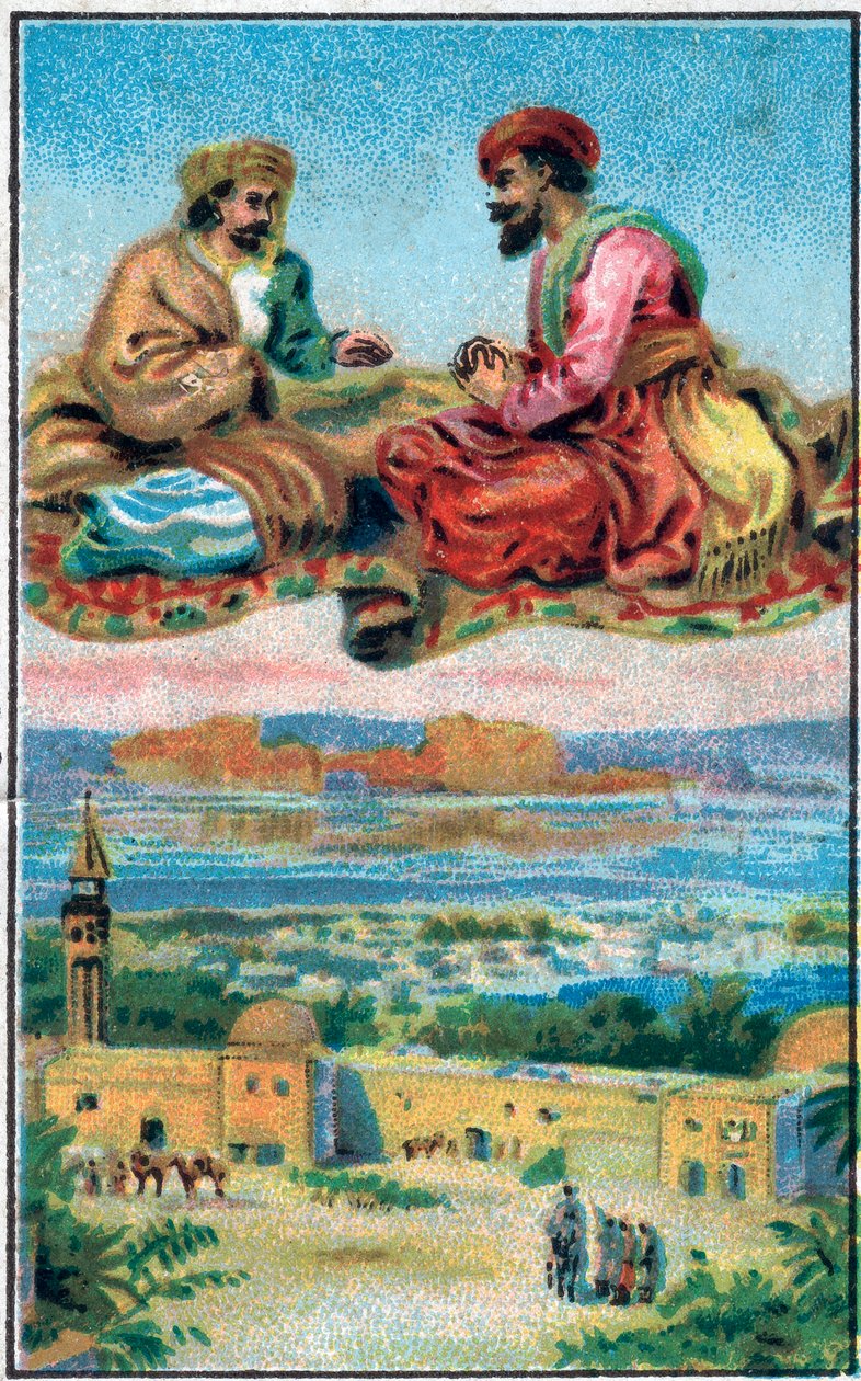 As delícias do tapete. História do Príncipe Ahmed e a taxa Paris-Banou (Pari Banou) (Paribanu). Conto de 1001 noites (contos das mil e uma noites). Cromolitografia do final do século XIX. de Unknown artist