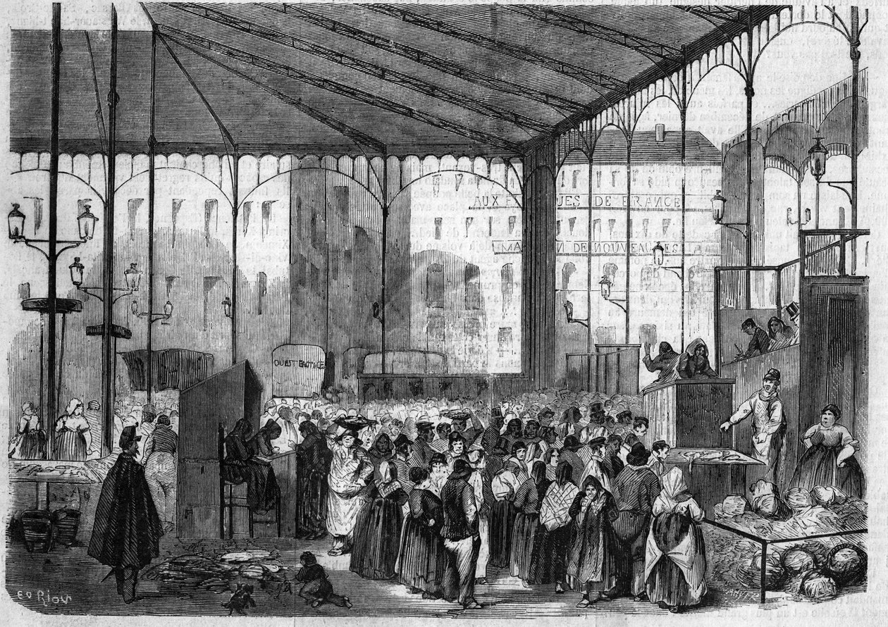O mercado central de Paris: o mercado do peixe em 1858. de Unknown artist