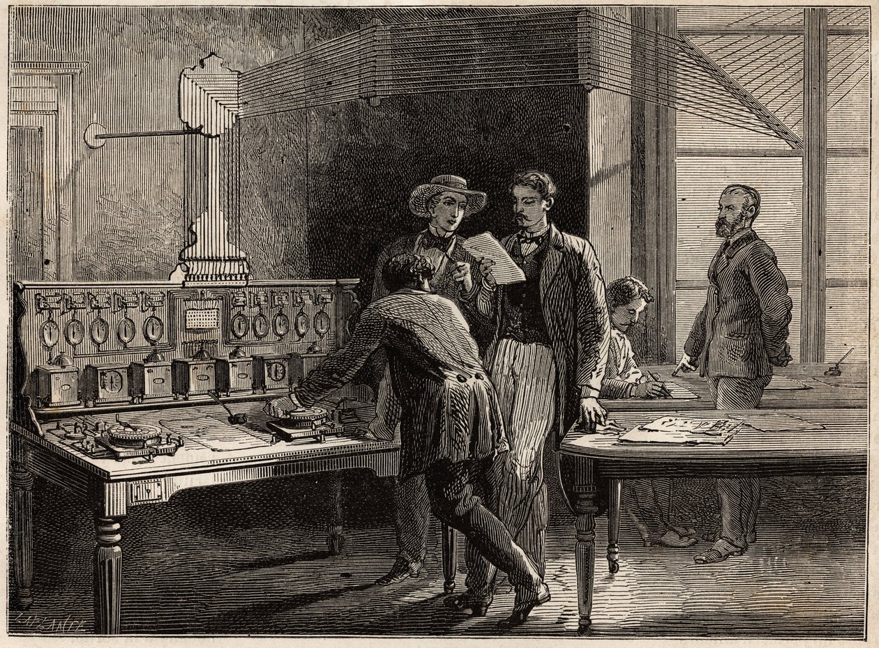 A estação telegráfica central da fábrica de Creusot. Gravura para ilustrar uma viagem ao Creusot e às minas de Saone e Loire, em 1865, por L. Simonin, no "Le tour du monde, nouveau journal des voyages" publicado sob a direcção de Edouard C de Unknown artist