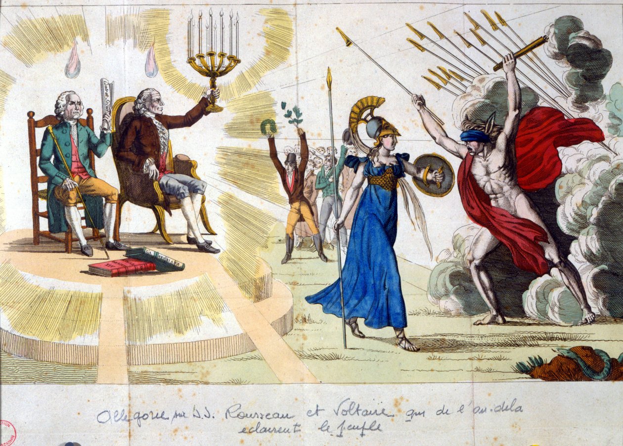 O século dos Lumieres: os filósofos Jean Jacques Rousseau e Voltaire, do passado para o passado, iluminam o povo - alegoria de Unknown artist