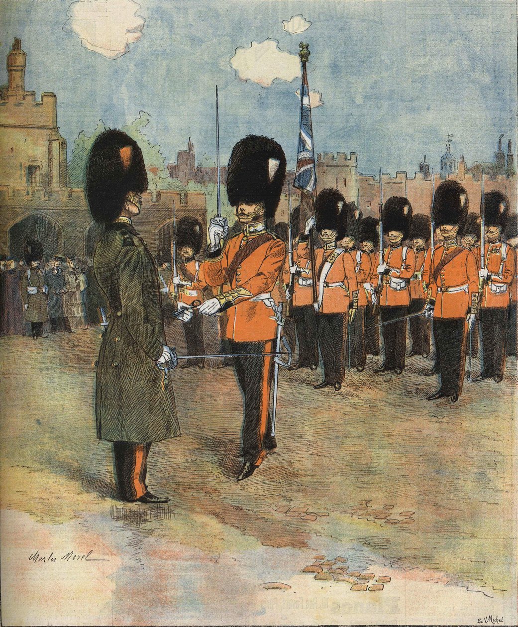 A mudança de guarda no Palácio Buckingham, em Londres, em 1893. Ilustração de M.C. Morel. Coleção Bianchetti. de Unknown artist