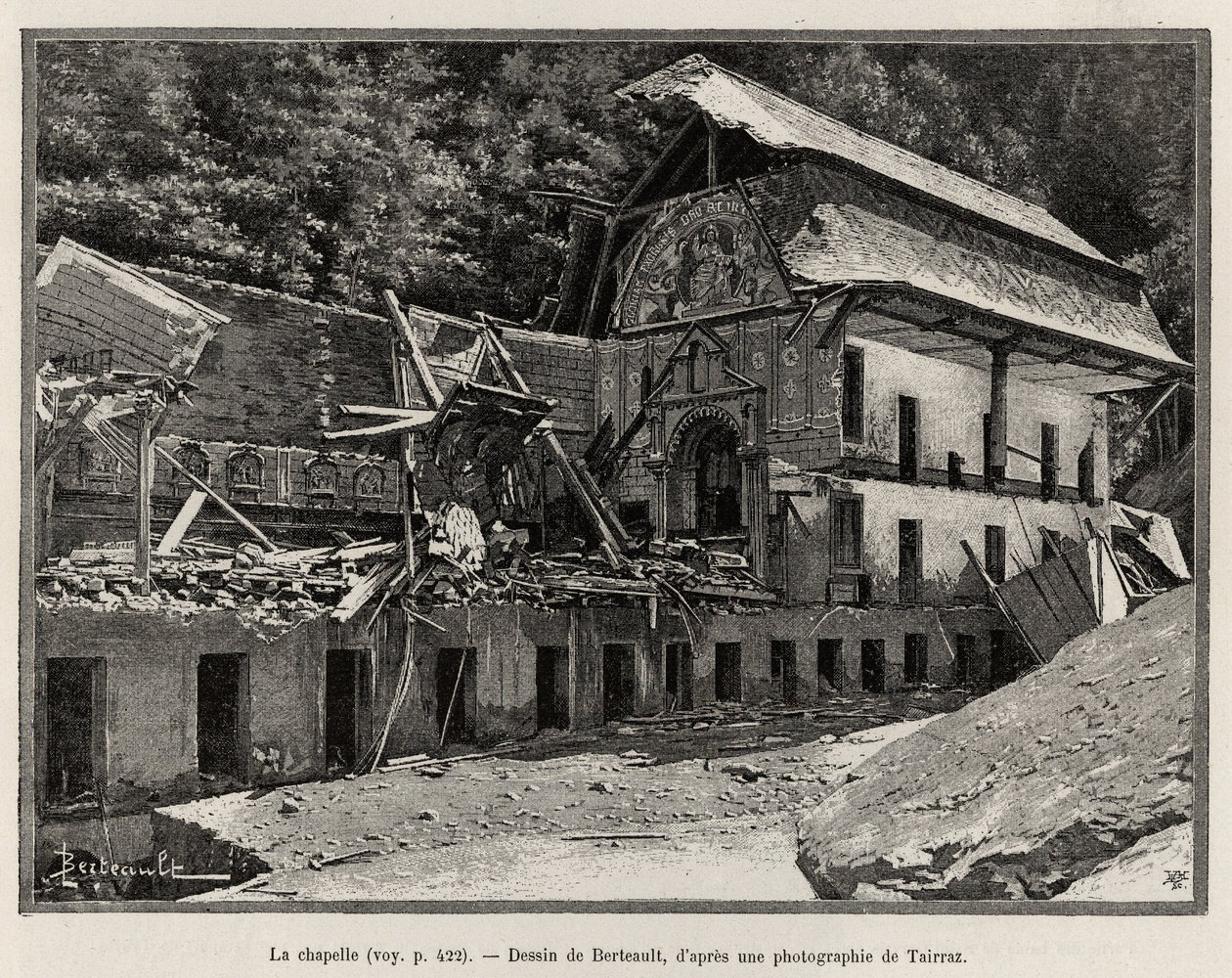 A capela destruída pelo transbordamento da Arve. Gravura de Berteault para ilustrar a história "La catastrophe de Saint Gervais les Bains". de Unknown artist