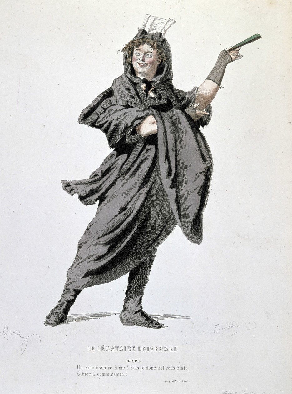 O personagem de Crispin em "O legado universal" (1708) de Jean François Regnard (1655 - 1709). A gravura do século XIX. de Unknown artist