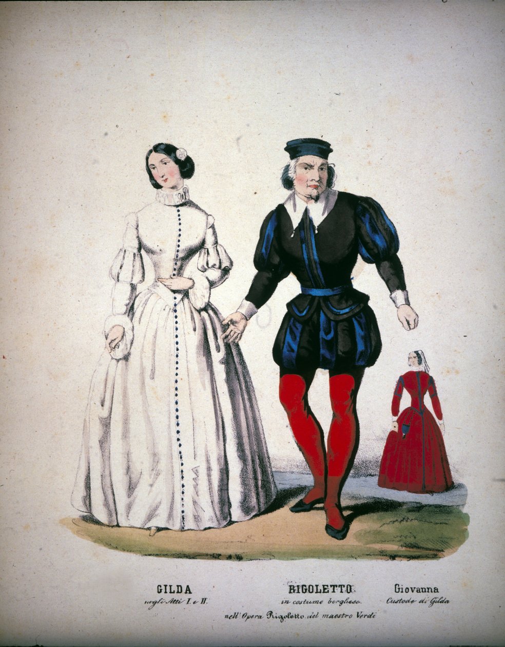 As personagens de Gilda, Rigoletto e Giovanna no Acto III da ópera "Rigoletto" do compositor italiano Giuseppe Verdi (1813-1901) de Unknown artist
