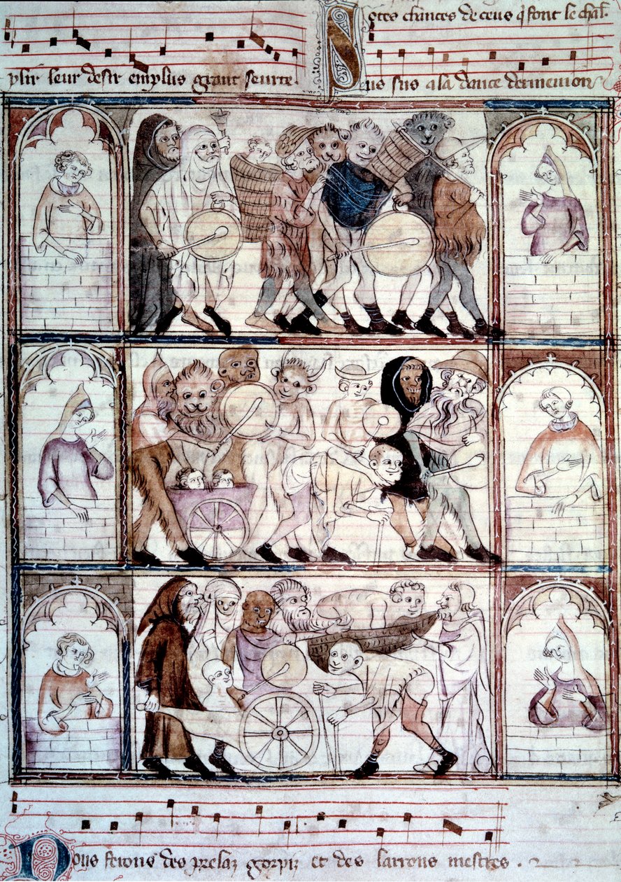 A festa de charivari para o casamento de Fauvel. Procissão de músicos e travestis. Miniatura do manuscrito "Le roman de fauvel" de Gervais du Bus (Gerves du Bus) de Unknown artist