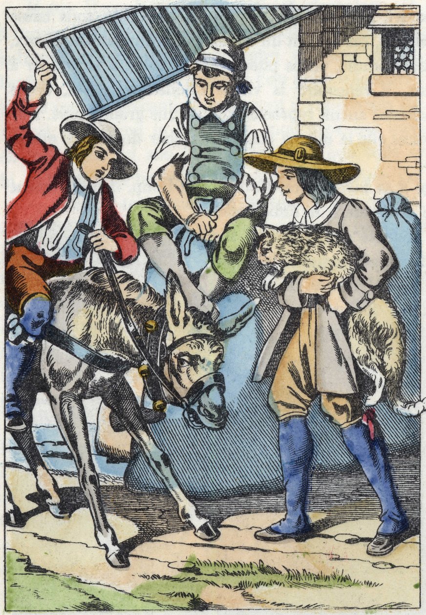 Os filhos do handler, que acabou de morrer, partilham a sua propriedade: burro, moinho e gato. Ilustração do conto "The cat botte", de Charles Perrault de Unknown artist