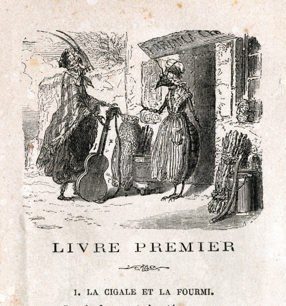 A cigarra e a formiga. Fábula de La Fontaine. Gravura do século XIX. de Unknown artist
