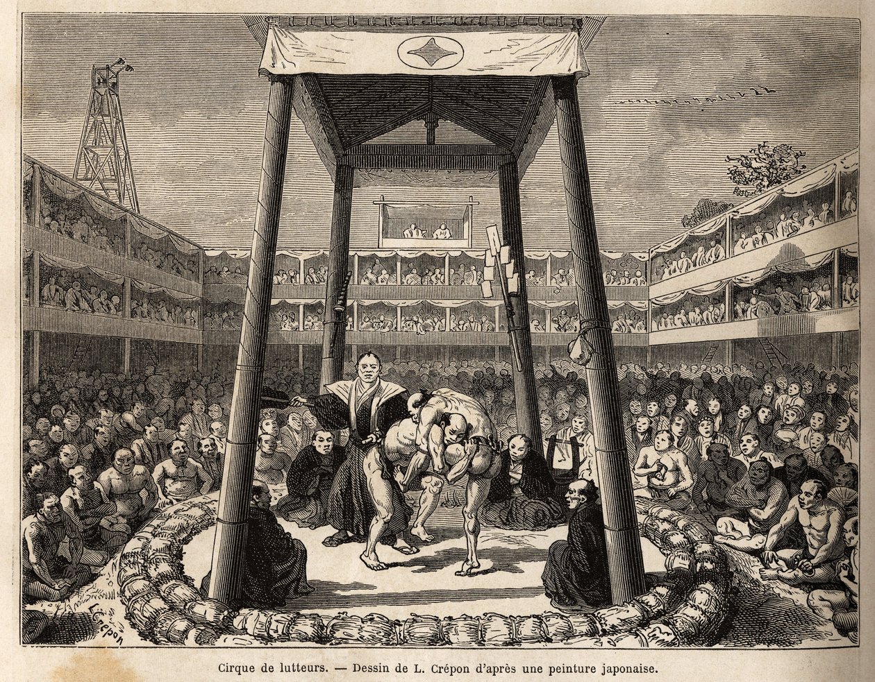 O circo dos lutadores, que esperam pela sua vez para lutar, acontece na arena debaixo da jaula de madeira; a multidão de espectadores e apostadores assistem às lutas com paixão. Gravura para ilustrar a viagem ao Japão, de Aime Humbert, ministe de Unknown artist