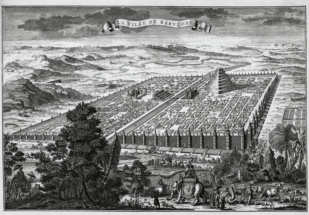As muralhas da cidade de Babilónia que rodeiam os jardins suspensos e a torre de Babel... de Unknown artist