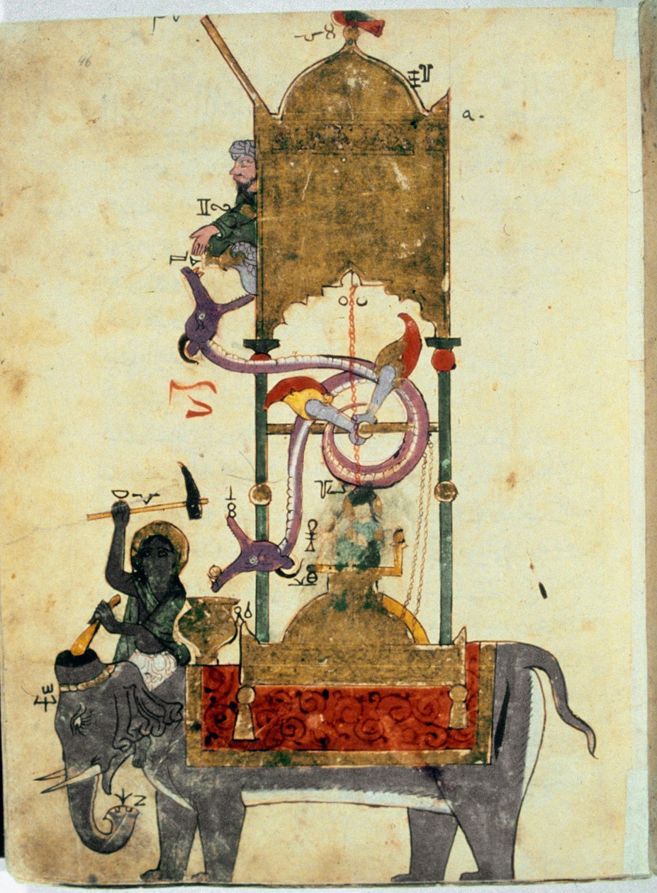 O clepsydra tem o elefante Esta é uma invenção muçulmana medieval que consiste num relógio de água em forma de elefante concebido pelo engenheiro turco Ibn al-Rajjaj al-Jazari (Al Rajjaj Al Jazari) (1136-1206) por volta de 1200. Invenção concebida pelo mot de Unknown artist