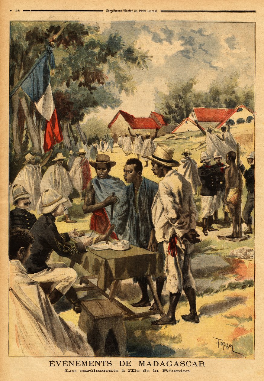 As bobinas na ilha da Reunião; pela primeira vez desde a sua criação, foi aplicada a lei de 1889, que equipara os habitantes das colónias, do ponto de vista militar, aos conscritos da metrópole, para reforçar as tropas que iriam lutar de Unknown artist