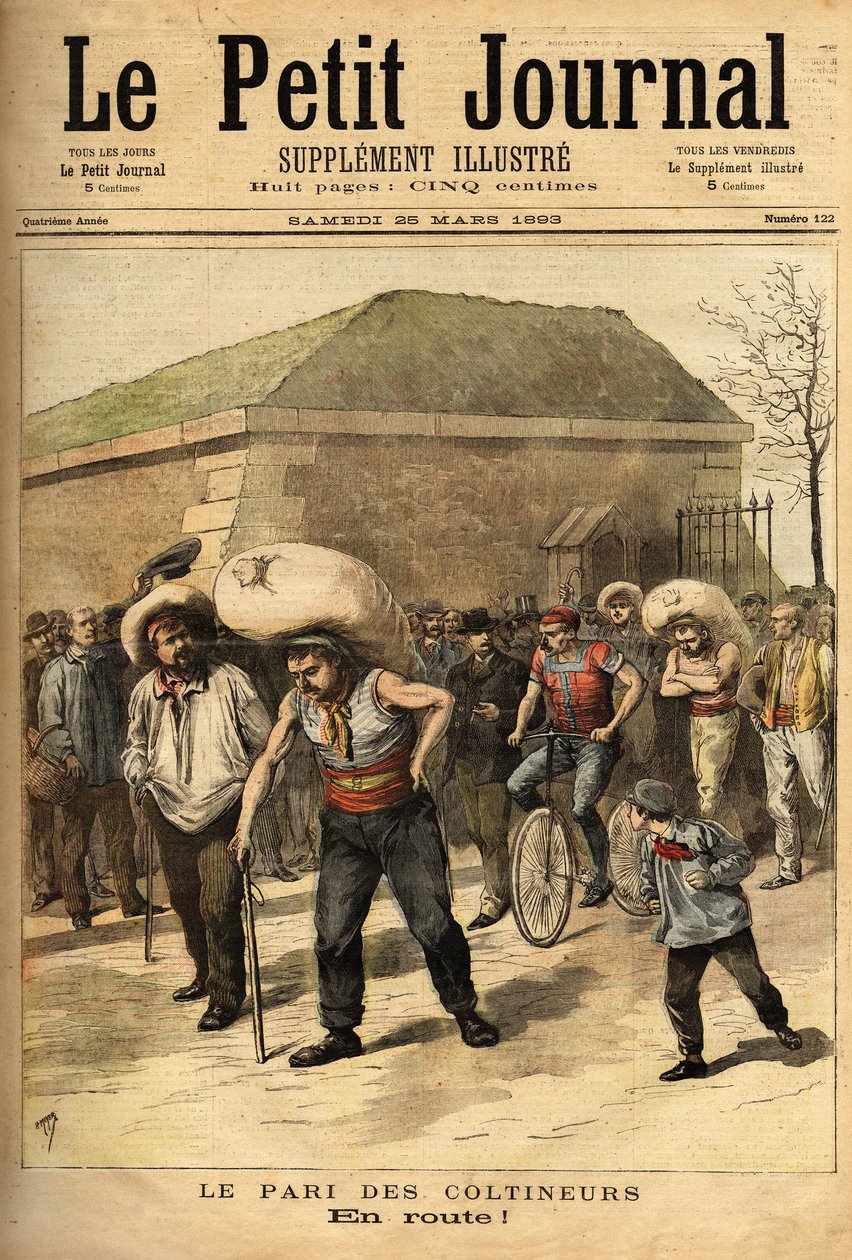 Os coltineurs apostaram, carregando sacos de 100 quilos, a aposta consiste em ligar Paris e Corbeil a pé (32 quilómetros), o vencedor Jean Labas fez a corrida em 14 horas (12 horas antes do segundo). Gravação no "Le petit journal" 25/03/1893. Selva de Unknown artist