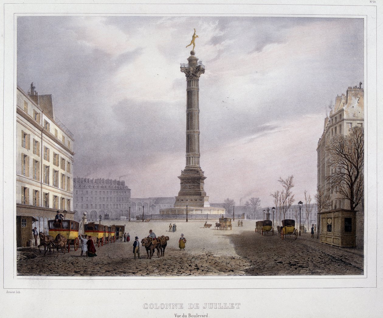 A coluna de Julho (Place de la Bastille) vista do Boulevard Beaumarchais de Unknown artist