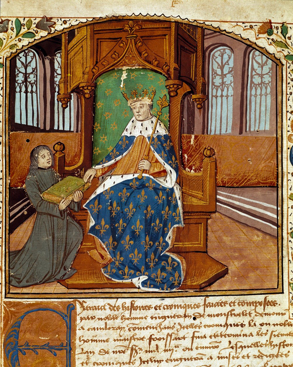 O colunista Enguerrand de Monstrelet (1400-1453) doa seu livro ao Rei Carlos VII (1403-1467) Miniatura de "Crônicas de Enguerrand de Monstrelet" 1465 Reims, biblioteca municipal de Unknown artist