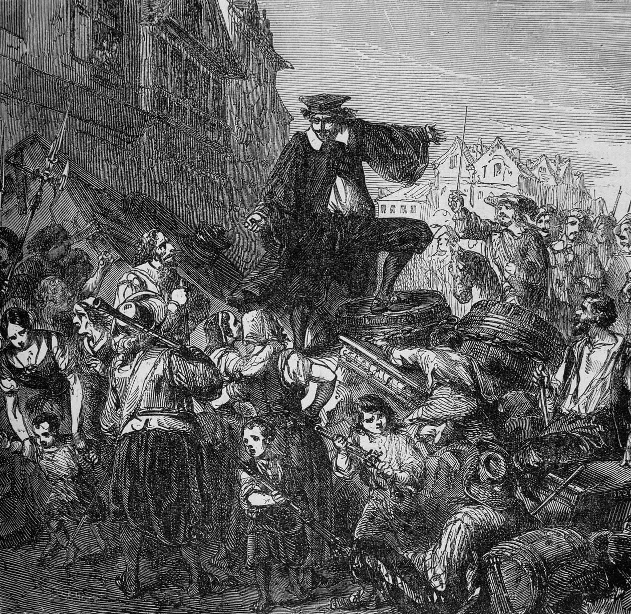 O comandante da guarnição foi morto nas barricadas de Paris (início da Fronde) no "Histoire des popes, rois, queens, emperors through the centuries" por Lachartre, sd século XIX. de Unknown artist
