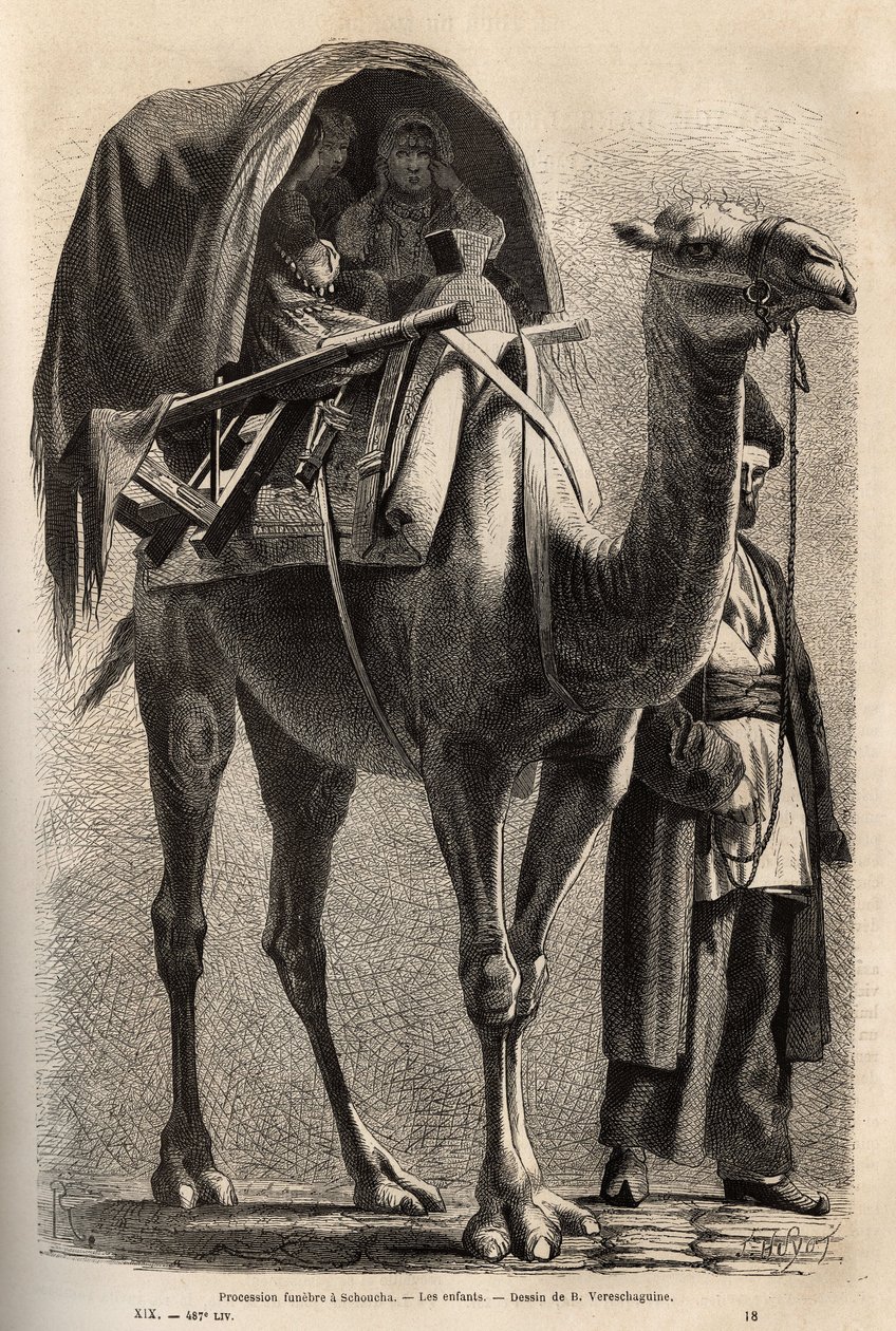 A procissão comemorativa do mártir de Hossein, após a morte de mártires e penitentes, as mulheres participam da procissão, meio escondidas em camelos, guiadas pelo chefe da família. Gravura para ilustrar a viagem nas províncias do Cáucaso de Unknown artist