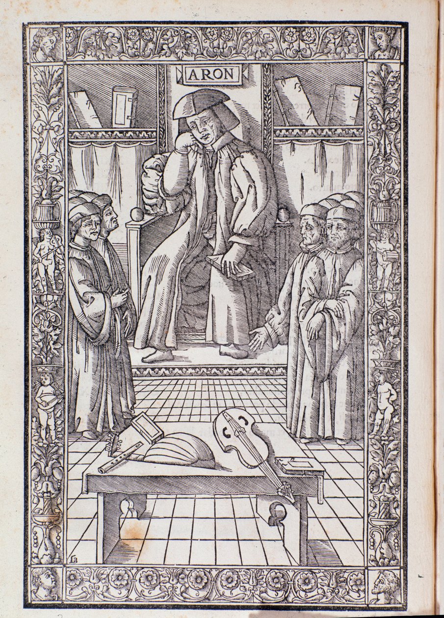 O compositor e teórico musical Pietro Aaron como cadeira entre seus alunos. Ilustração de Toscanello em musica de Unknown artist