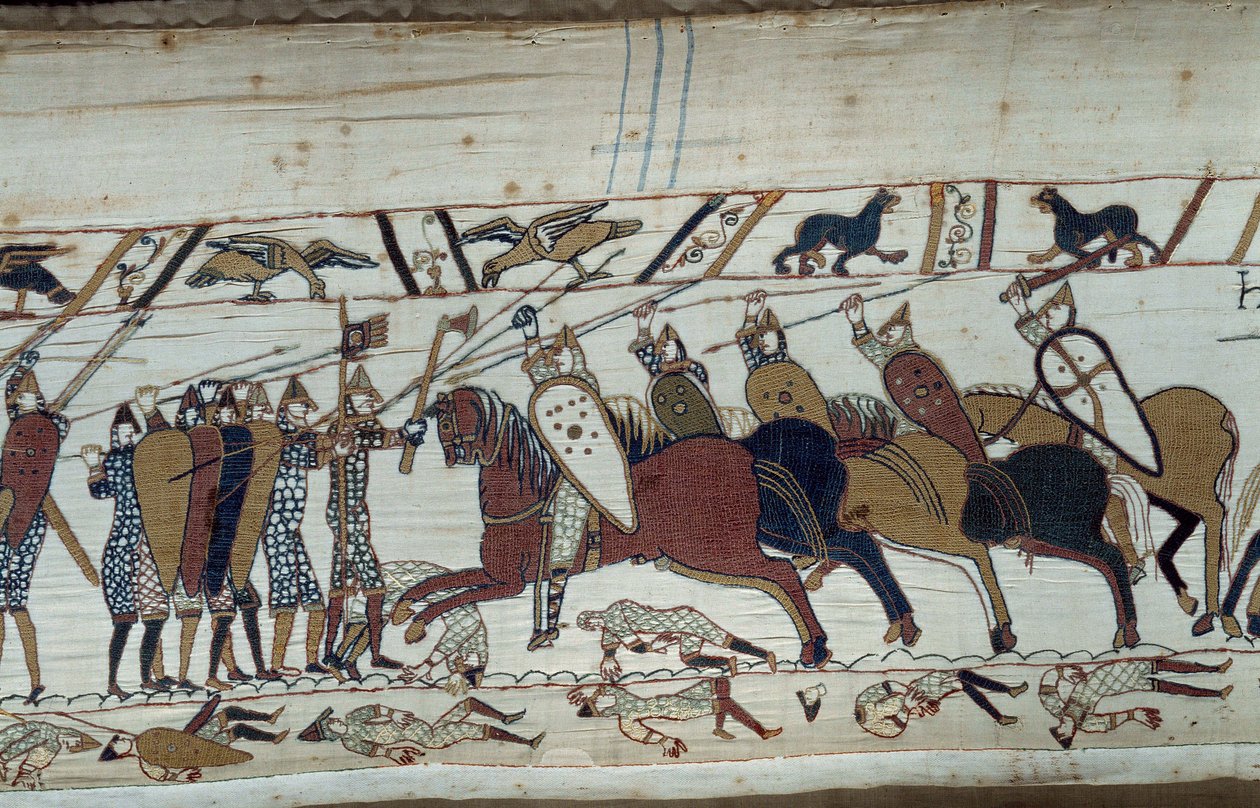 A conquista da Inglaterra pelo Duque da Normandia Guilherme o Conquistador (1027-1087) em 1066: cena da batalha de Hastings contra a infantaria normanda contra a cavalaria saxã Detalhe da tapeçaria de Bayeux ou Bordado da Rainha Mathilde de Unknown artist