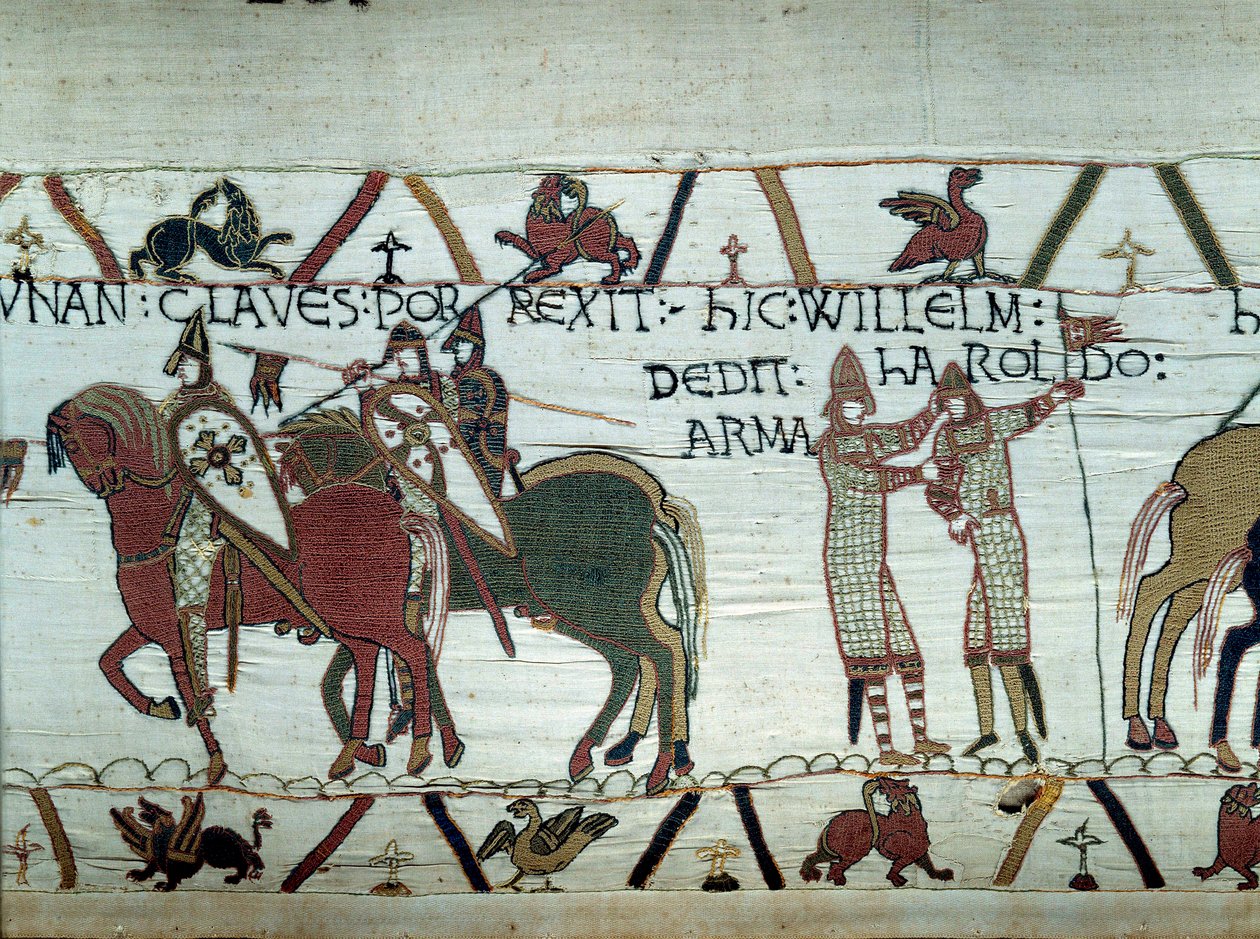 A conquete da Bretanha pelo Duque da Normandia Guilherme o Conquistador (1027-1087): à esquerda o duque recebe as chaves da cidade de Dinan, à direita faz um cavaleiro Haroldo, enviado pelo rei inglês Eduardo o Confessor Detalhe da tapeçaria de de Unknown artist