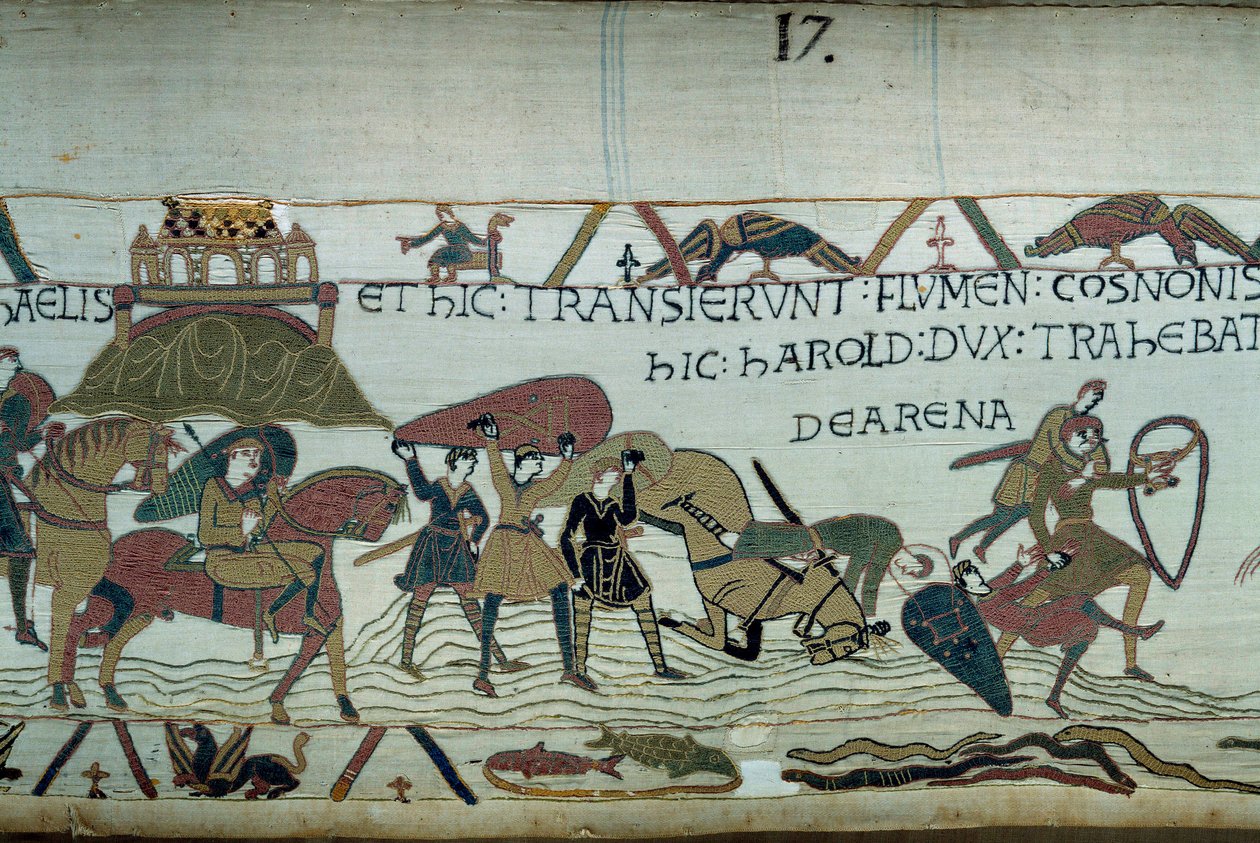 A conquete da Bretanha pelo exército do Duque da Normandia Guilherme o Conquistador (1027-1087): a travessia do Riviere du Couesnon no alto do Monte Saint Michel, homens e cavalos afundam nas areias em movimento Detalhe da Tapeçaria de Bayeux ou Embro de Unknown artist