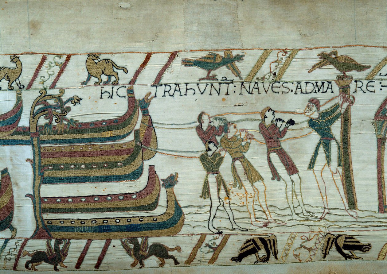 A conquete da Inglaterra pelo exército do Duque da Normandia Guilherme o Conquistador (1027-1087): mal os navios mal construídos são postos ao mar Detalhe da tapeçaria de Bayeux ou Bordados da Rainha Mathilde de Unknown artist