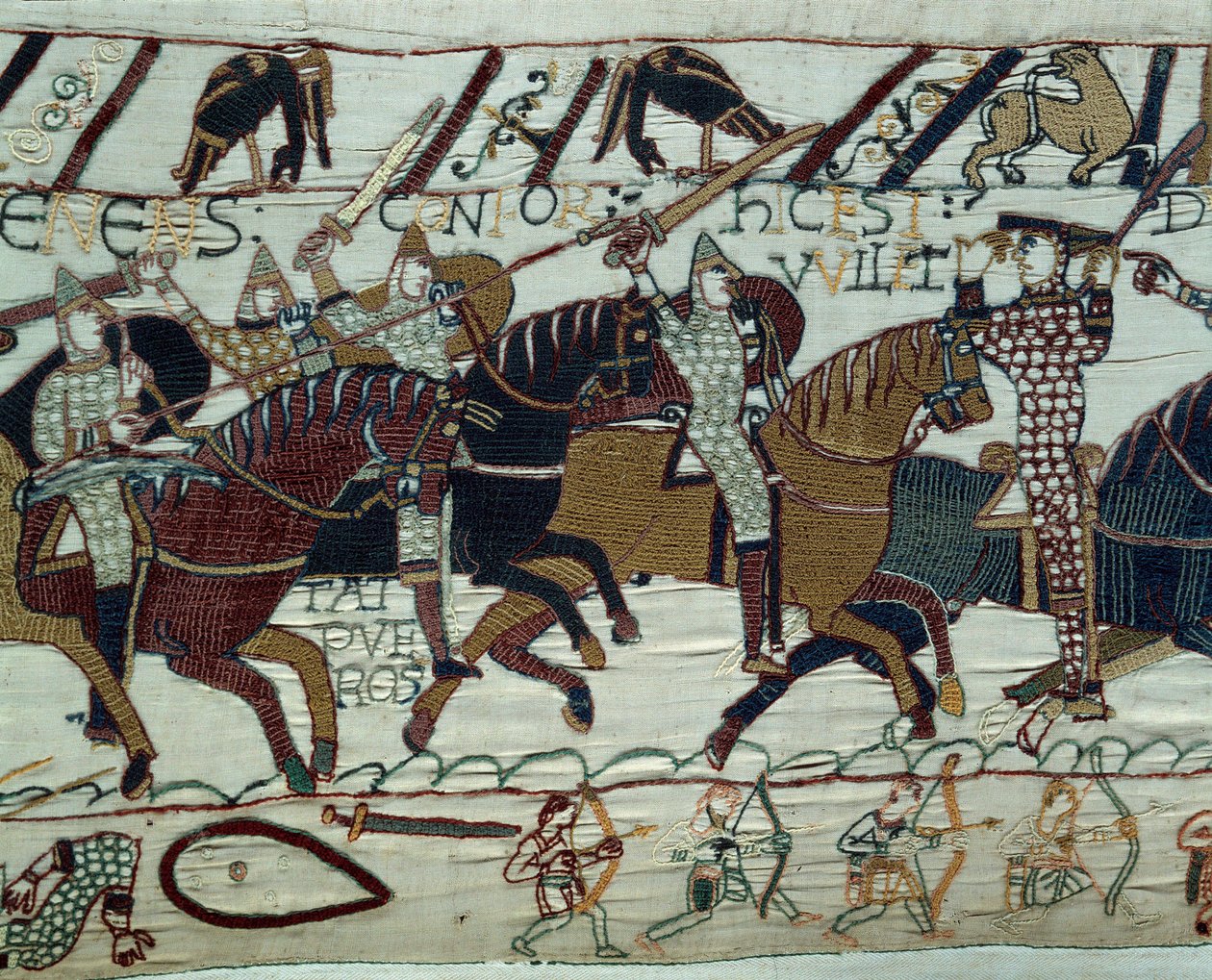 A conquete da Inglaterra pelo exército do Duque da Normandia Guilherme, o Conquistador (1027-1087): O Duque Guillaume é reconhecido pelos seus soldados ao levantar o capacete durante a batalha de Hastings Detalhe da Tapeçaria de Bayeux ou Bordado da Rainha de Unknown artist