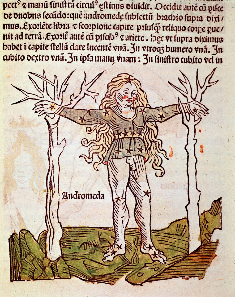 A constelação de Andromede Detail deriva de "Poeticon astronomicon" atribuído ao historiador romano Hyginus (Gaius Julius Hyginus) (século I a.C.) (Constelação Andromeda, de "Poeticon astronomicon" atribuído a Hyginus (século I a.C.)) de Unknown artist