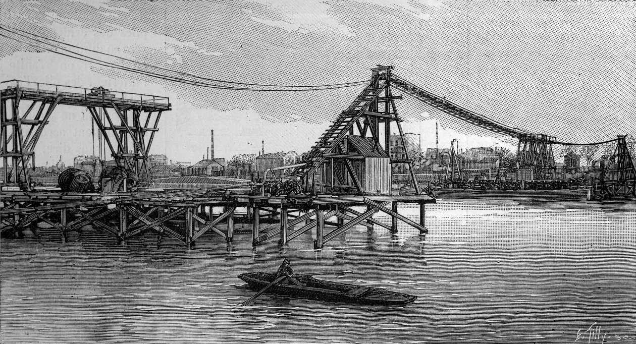 A construção da ponte Mirabeau em Paris (1893): as fechaduras parecem fundações (a partir de uma fotografia). Gravura em "La Nature: revue des sciences et de leurs applications aux arts et a l