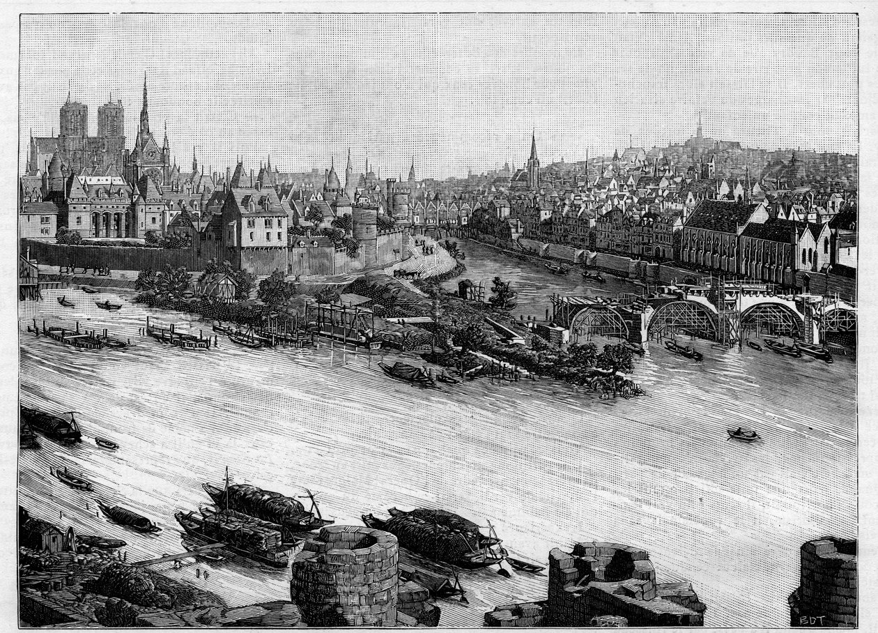 A construção da Pont Neuf em Paris passando pela Praça do Vert-Galant no final da Ile de la Cite. As primeiras obras em 1578. Gravura no "Le Monde ilustre". de Unknown artist