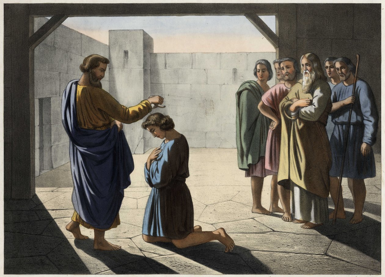 A coroação de Davi: Samuel designa Davi como rei de Israel. Gravura anónima do século XIX. de Unknown artist
