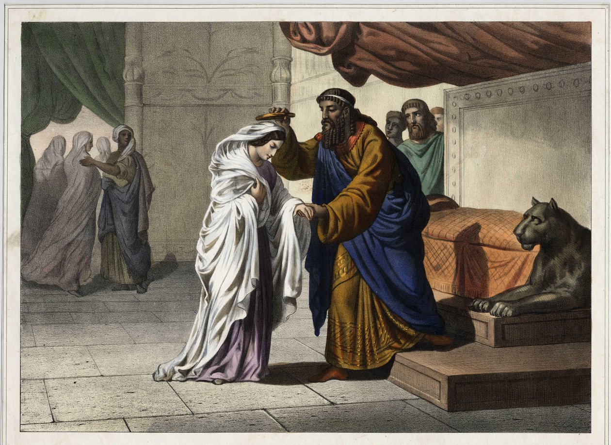 A coroação de Esther: O rei persa Assuero 1 (Xerxes 1) coroa a sua esposa Ester. Gravura anónima do século XIX. de Unknown artist