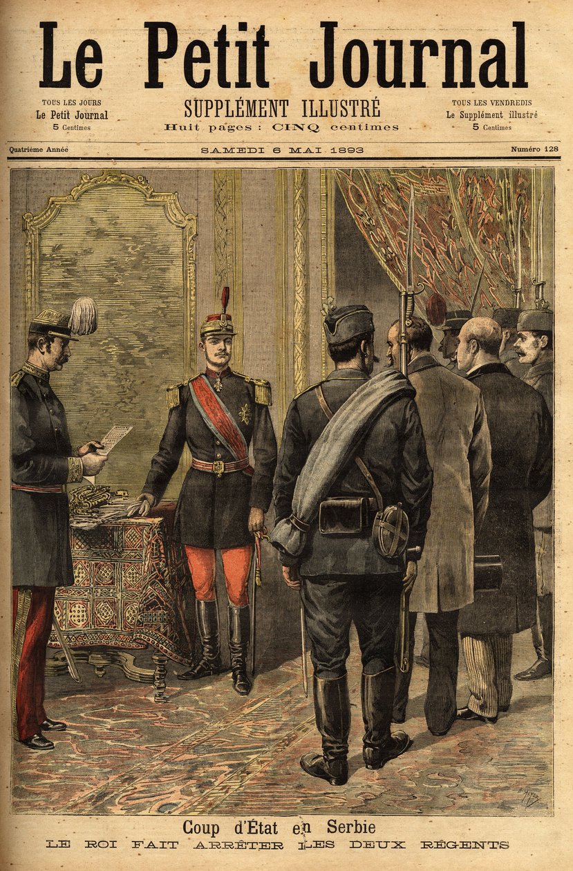 O golpe de Estado de 14/04/1893 de Alexander I Obrenovic (1876-1903) proclamou sua maioria e teve os regentes de Ristitch e Belimarkovich, assim como todos os ministros do antigo governo. Gravação no "Le petit journal" 6/05/1893. O colega de Selva de Unknown artist