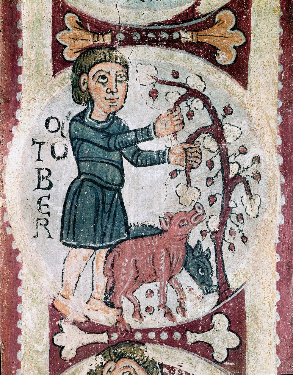 O ciclo de meses: Outubro: a colecção de bolotas. Pormenor de um fresco do século XII do Panteão Real da Real Colegiata de San Isidoro (Real Collegiale de Saint Isidore). Leão. de Unknown artist